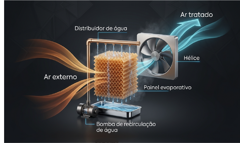 Diagrama de funcionamento: o ar externo passa pelo painel evaporativo, é umidificado pela bomba de recirculação e pelo distribuidor de água, saindo como ar tratado pela hélice