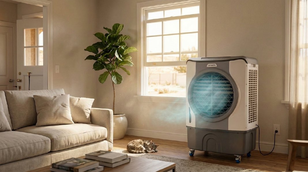 Sala de estar climatizada com um climatizador portátil Brisa Verde